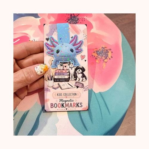 Full view of blue glitter axolotl magnetic bookmark with space around the product