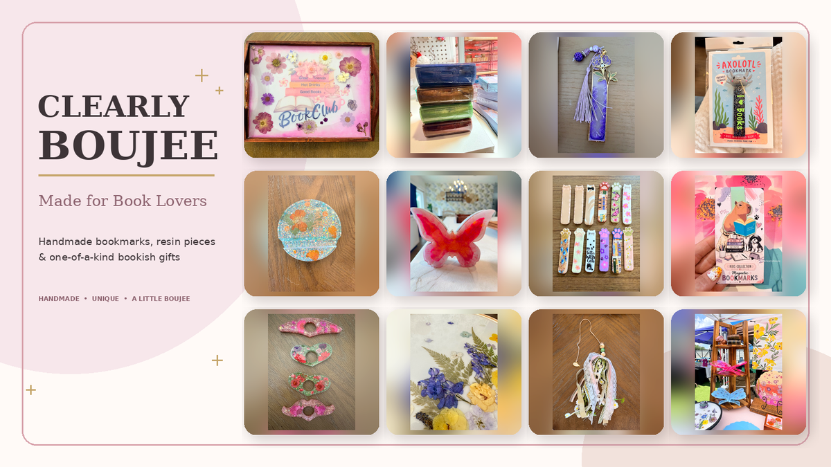 Clearly Boujee handmade bookish accessories collage